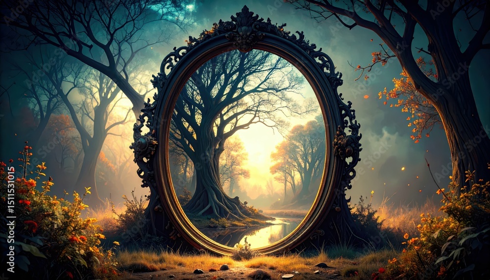 Poster distorted reflection in mirror revealing hidden identity in forest