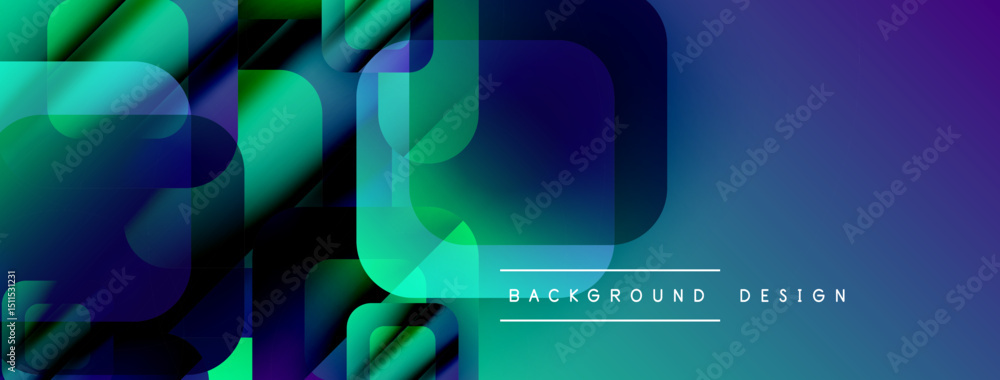 Poster Abstract geometric shapes overlap, creating vibrant blue, green gradients. Modern design elements suggest digital art, fluid motion.