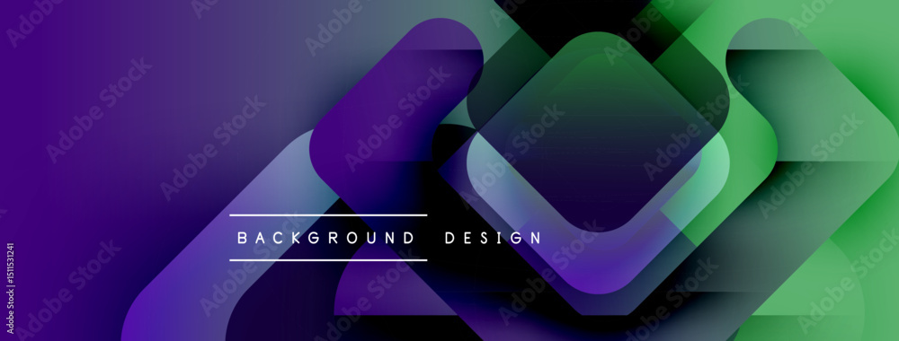 Fototapete Abstract geometric layers create vibrant gradient background. Modern design features overlapping shapes, purple, green hues.
