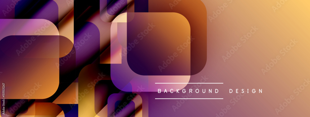 Poster Abstract geometric shapes overlap, creating vibrant orange, purple gradients. Modern design elements suggest dynamic visual experience.