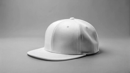 A clean white flat-brimmed baseball cap mockup against a neutral gray background.