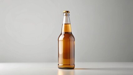 A single isolated bottle of beer with golden cap on a white surface