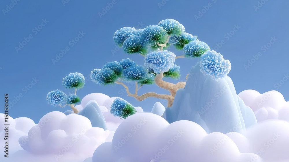 Poster 3dレンダリングによる青い花を咲かせた木と山の上空に浮かぶ白い雲の風景