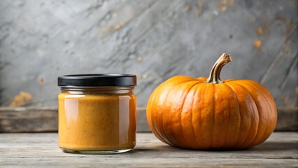 A vibrant autumn still life of pumpkin and pumpkin puree in a glass jar
