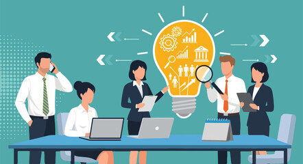 Vector illustration of professionals in a collaborative office setting actively brainstorming a new business plan or project, representing teamwork, strategic planning, and innovative thinking.