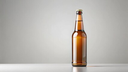 A single brown beer bottle isolated on a clean white surface with a neutral background