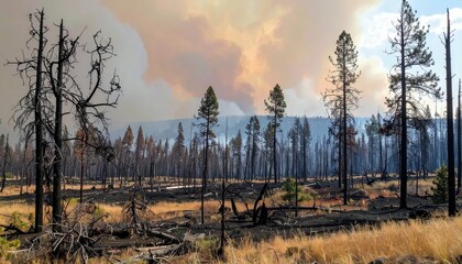 Obraz premium Aftermath of Forest Fire Showing Charred Trees and Smoke in Landscape