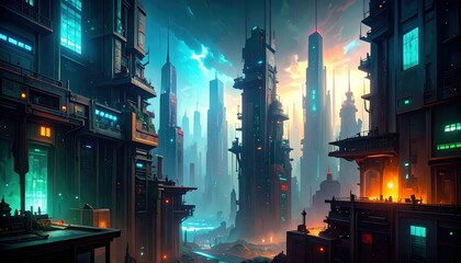 Obraz premium Futuristic Cyberpunk Cityscape with Hidden Levels and Mysteries