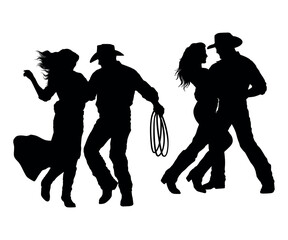 Silhouette of a couple in cowboy hats line dancing. set
