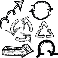 Hand Drawn Arrow Collection with Doodle Sketch Style, Recycle Circular Arrows, Grunge Marker Ink Curves, Bold Direction Elements for Concepts and Flow Design