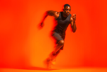 A photo of male runner running in a beautiful pose with a blurred motion at a fast pace against a bright orange gradient background. Commercial sports photography style.