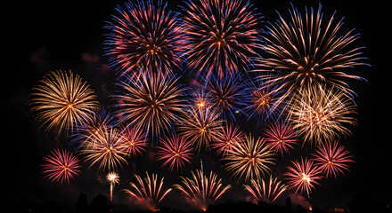 Fototapeta premium Massive Fireworks Display in Red, Blue, and Gold Lighting Up the Night Sky Above City Silhouettes