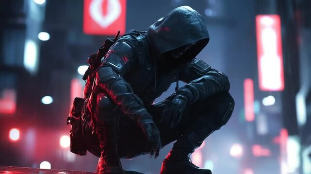 Mysterious hooded figure crouches in a vibrant cyberpunk urban landscape at night