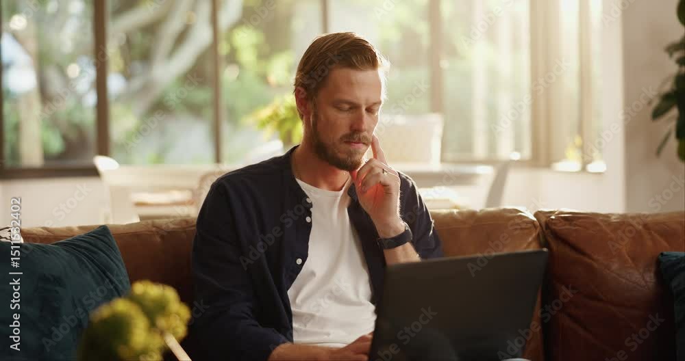 Poster remote work from home, thinking or man on couch, laptop or problem solving with online editing. pers