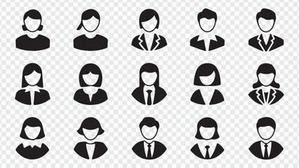 A diverse set of user silhouette icons, illustrating various people, men, and women for social and business profile avatars