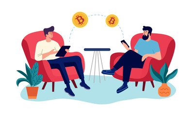 Two men engage in a cryptocurrency conversation, exchanging ideas and insights on digital currencies.