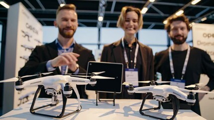 Drone enthusiasts presenting innovative technology at trade show