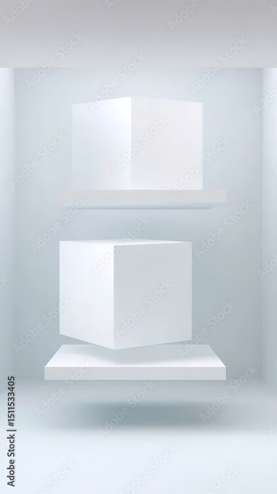 Poster 白い立方体と棚の抽象的なミニマル空間 デザインされた幾何学的要素のシンプルな背景