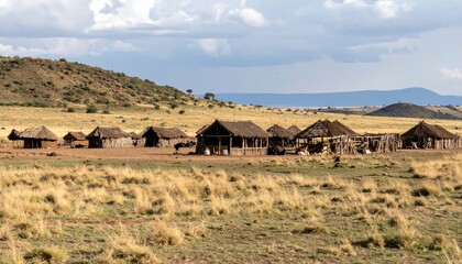 Haunting Maasai Camp in Vast African Landscape with Spirits and Cattle