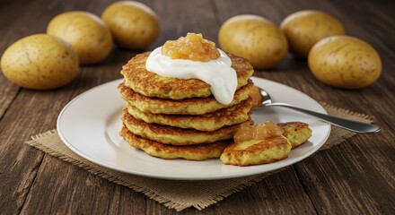 Delicious golden pancakes topped with creamy yogurt and sweet fruit preserves served with fresh potatoes on a rustic wooden table