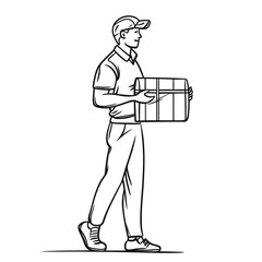 Courier delivering package while walking in minimalist line art style  