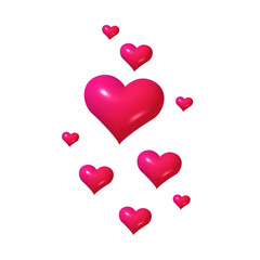 Cute red 3d hearts floating composition. Vibrant arrangement of love icons on a white background