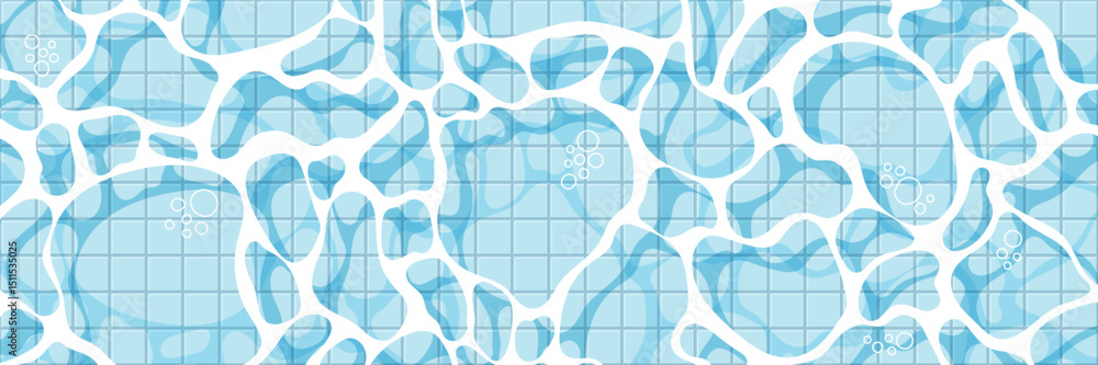Poster realistic swimming pool bottom background. spa pool top view with water surface texture and tiled fl