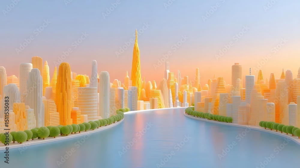 Poster 黄金色に輝く未来都市のパノラマ景観 現代的で抽象的なデザインと青い川と夕日の背景