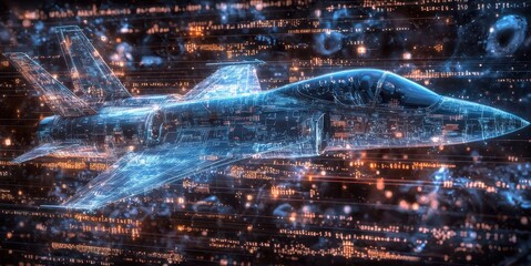 Futuristic Jet Fighter in Digital Space with Data Stream Background