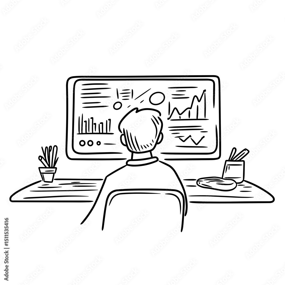 Poster man looking at data analytics on computer screen in office workspace concept of travel