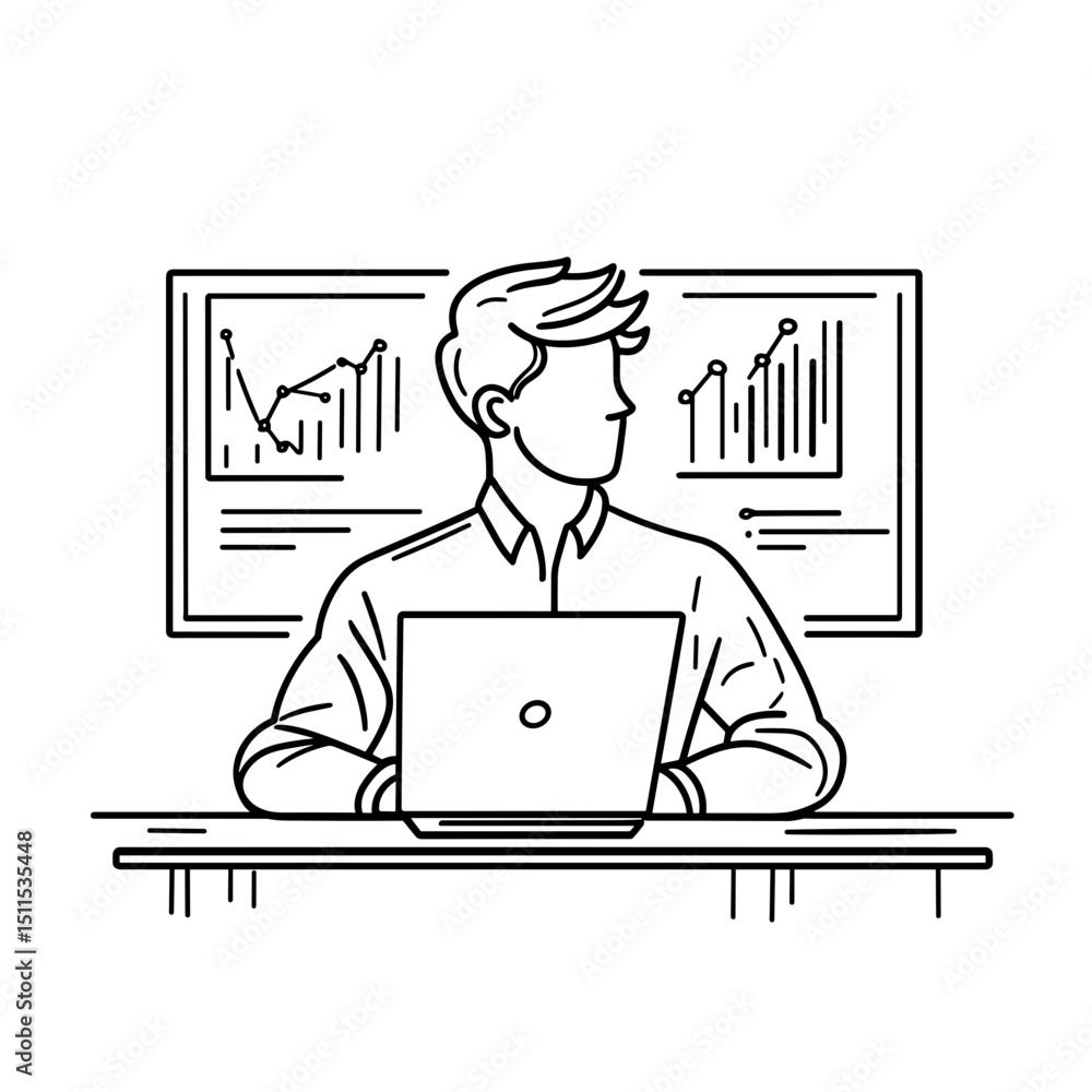 Poster young man working on laptop while analyzing data charts in office