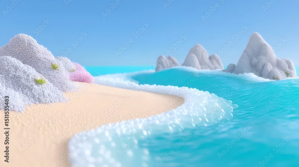 Aufkleber 3dレンダリングの青い海と砂浜の風景 太陽の下での美しいビーチシーン