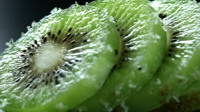 Close-up of several kiwi slices arranged in a row, showcasing their green flesh and seeds against a dark background.