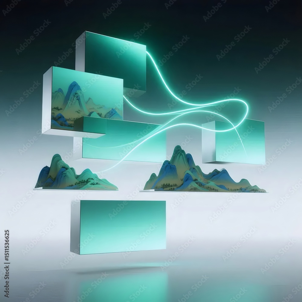 Poster 立方体の風景アート 緑と青の山の要素と輝くライン 抽象的な背景デザイン