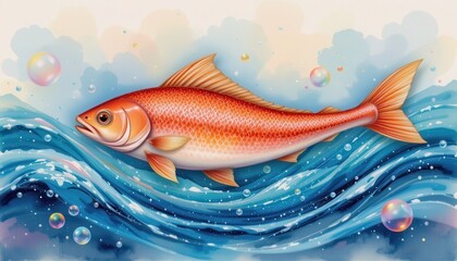 Fototapeta premium Colorful Fish Swimming in Blue Waves with Bubbles and Soft Clouds