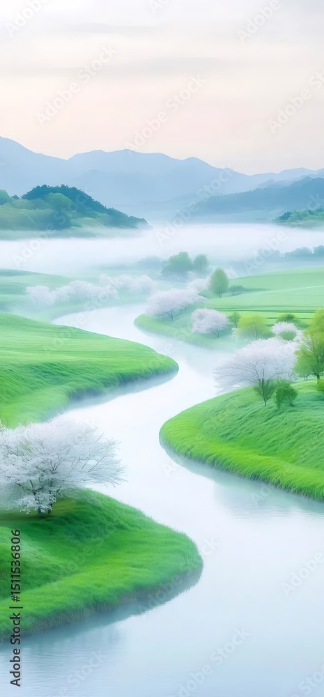 Aufkleber 春の早朝 川沿いの桜並木と新緑の風景 霧がかった山並みと川の美しい自然
