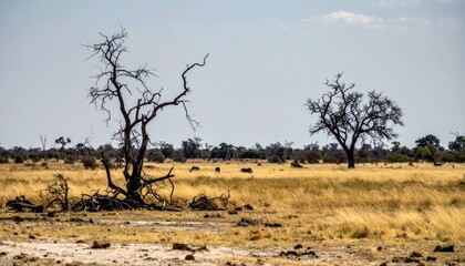 Obraz premium Vast Zambian Wilderness with Trees and Wildlife Under Blue Sky