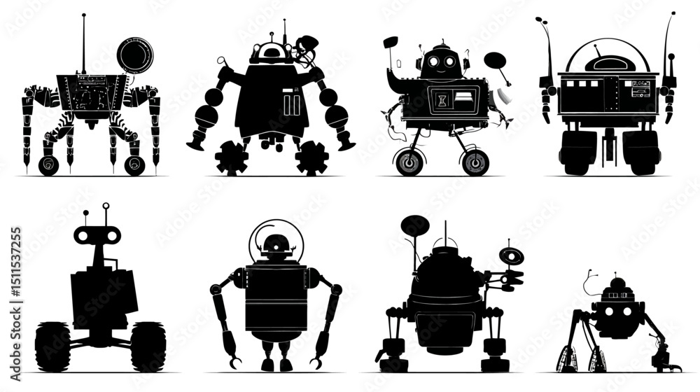 Poster space exploration robots simple silhouette vector isolated on white background -