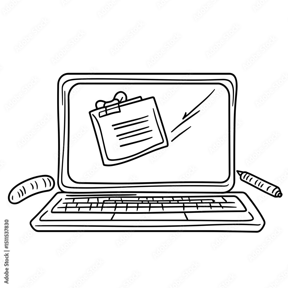 Poster laptop with document icon drawn on screen in minimalist style