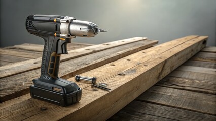 Cordless Drill on Wooden Plank 3D Render, Construction Tool, Power Tool Power tool, 3D rendering