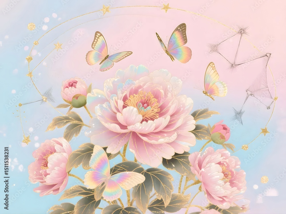 Aufkleber パステルカラーの背景に蝶と牡丹の花のイラスト 輝く金色の装飾が施されたロマンチックなデザイン