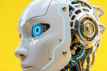 未来的な白いサイボーグの顔 クローズアップ 青い光る目と黄色の背景