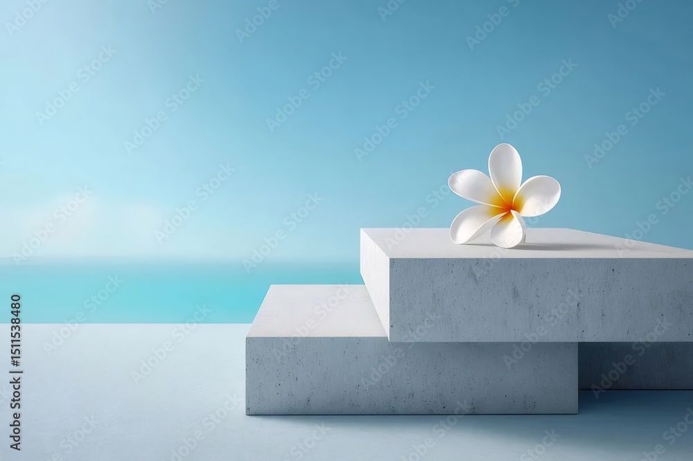 Aufkleber 白い花が青い背景の階段状のプラットフォームに置かれた静かな夏の構成