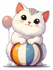 A cheerful white cat with gray and black stripes sits on a colorful beach ball, looking directly at the viewer. Cute animal illustration, digital art.