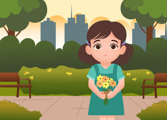 Sad little child with flower bouquet in the park. Standing figure. Memorial day simple cartoon style illustration.