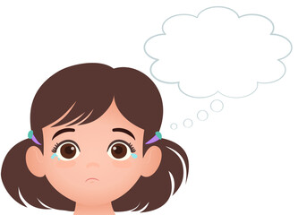 little girl sad and crying while thinking, speech bubble.