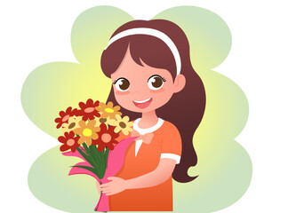 Happy brown hair girl holding bouquet of flowers illustration