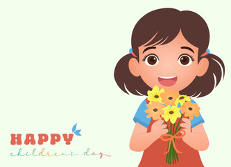 Obraz premium little child girl holding bunch a flower bouquet with the text happy children day