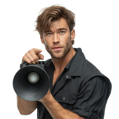 Dynamic public relations event confident man with megaphone studio setting transparent background engaging content