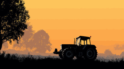 Fototapeta premium Tractor in field silhouette vector isolated on white background - 